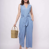 Sleeveless Front Strap Knot Blue Cotton Jumpsuit - Western Era  Jumpsuits