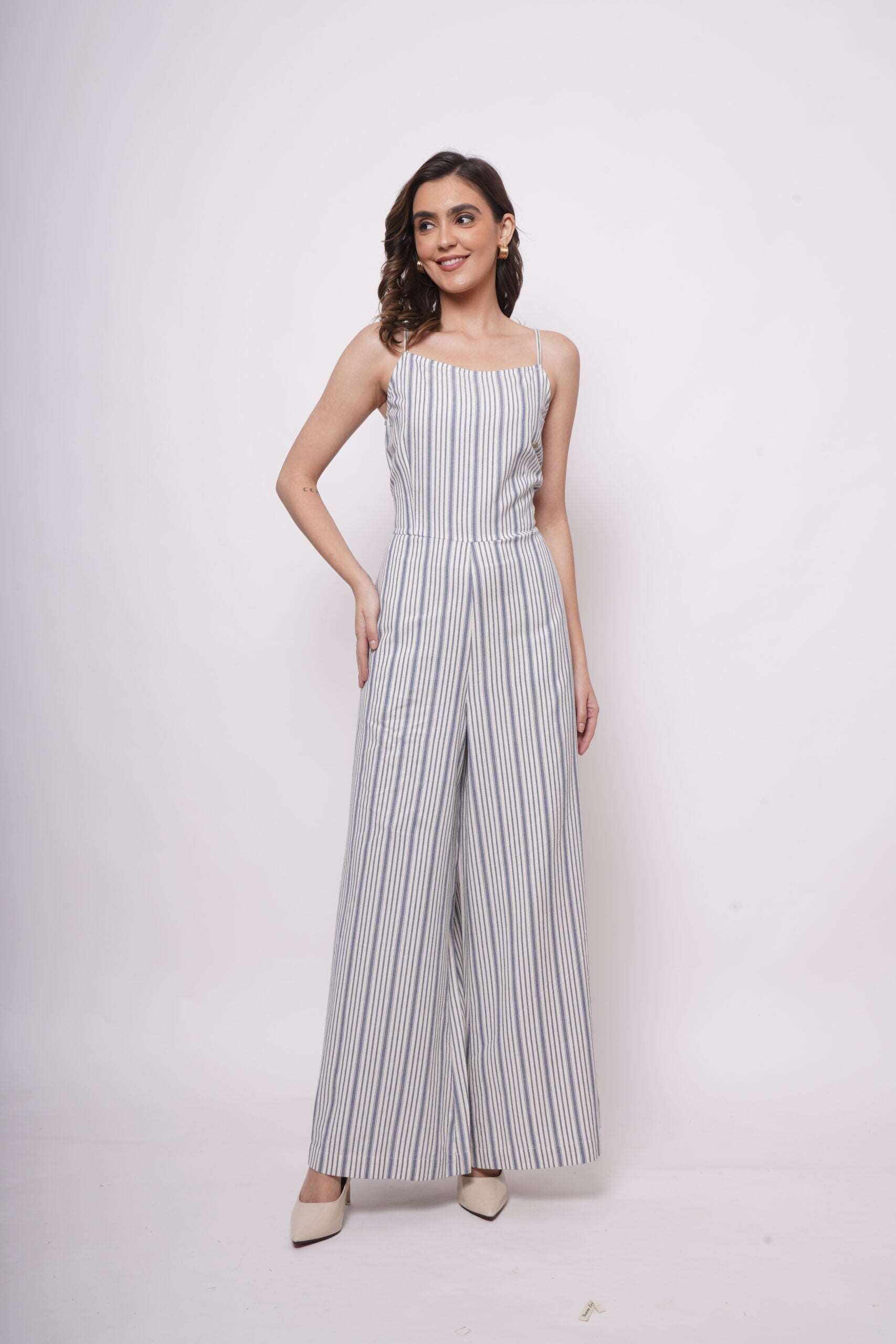 White and Blue Stripe Sleeveless Strappy Jumpsuit - Western Era  Jumpsuits