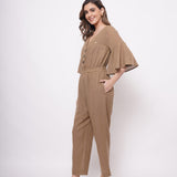 Mud Brown Flare Jumpsuit With Elasticated Waist - Western Era  Jumpsuits