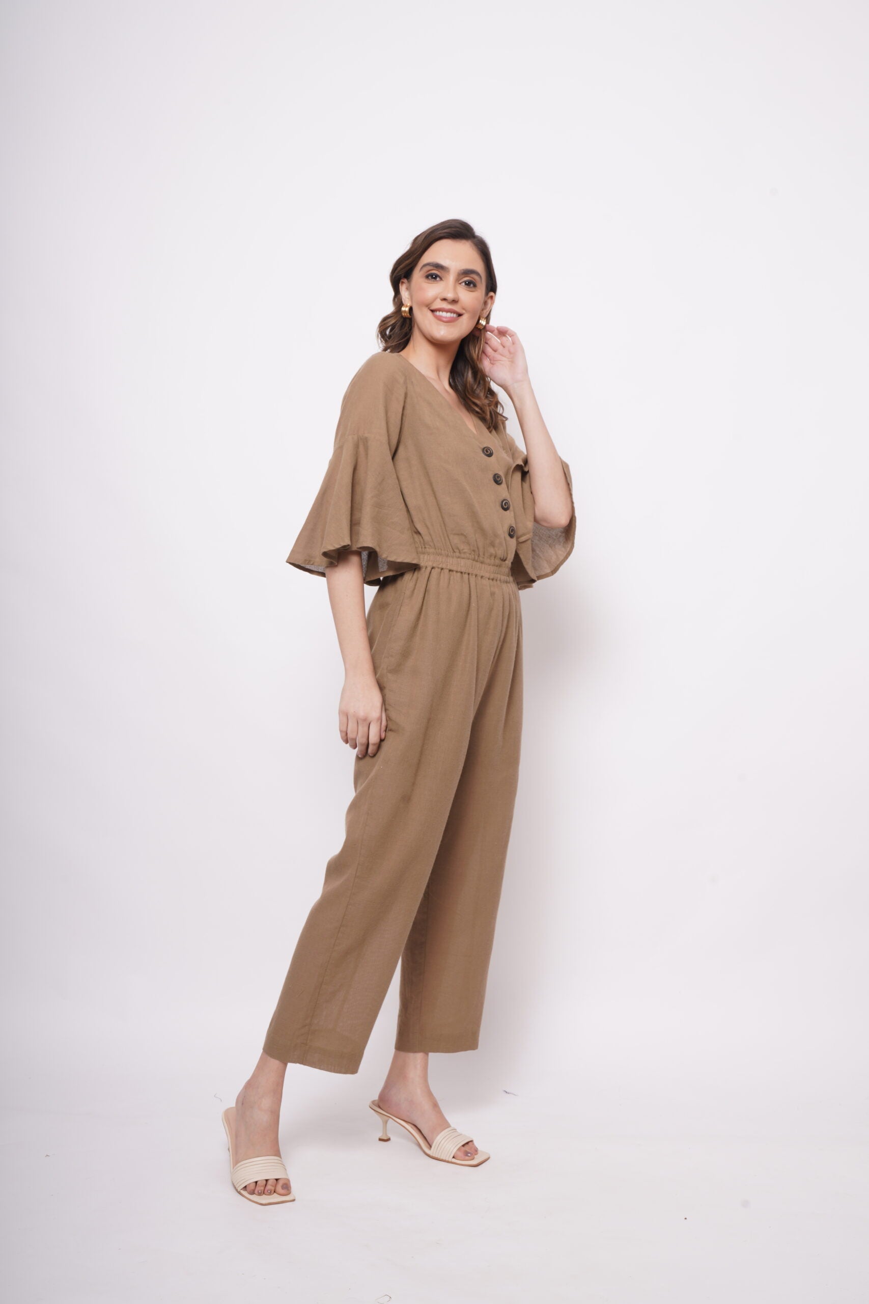 Mud Brown Flare Jumpsuit With Elasticated Waist - Western Era  Jumpsuits