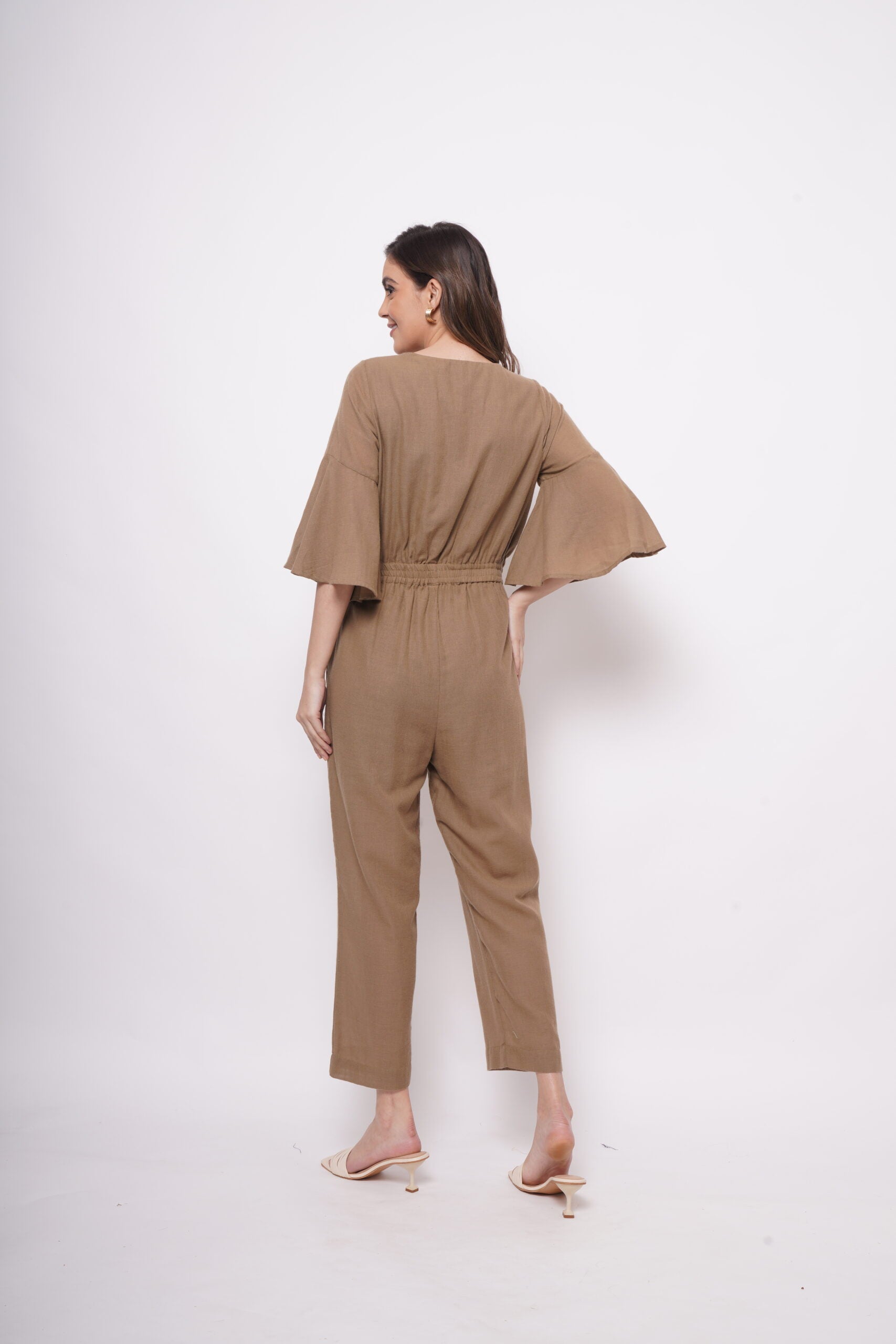 Mud Brown Flare Jumpsuit With Elasticated Waist - Western Era  Jumpsuits