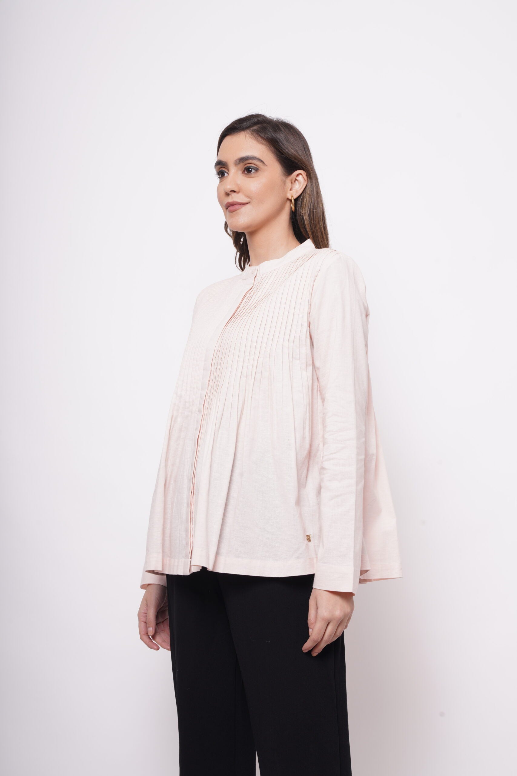 Office Wear Pin Tuck Linen Pink Shirt - Western Era  Tops