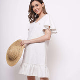 V-Neck White Cotton Dress With Flounce Sleeves - Western Era  Dresses