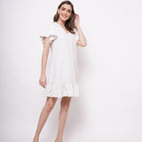 V-Neck White Cotton Dress With Flounce Sleeves - Western Era  Dresses