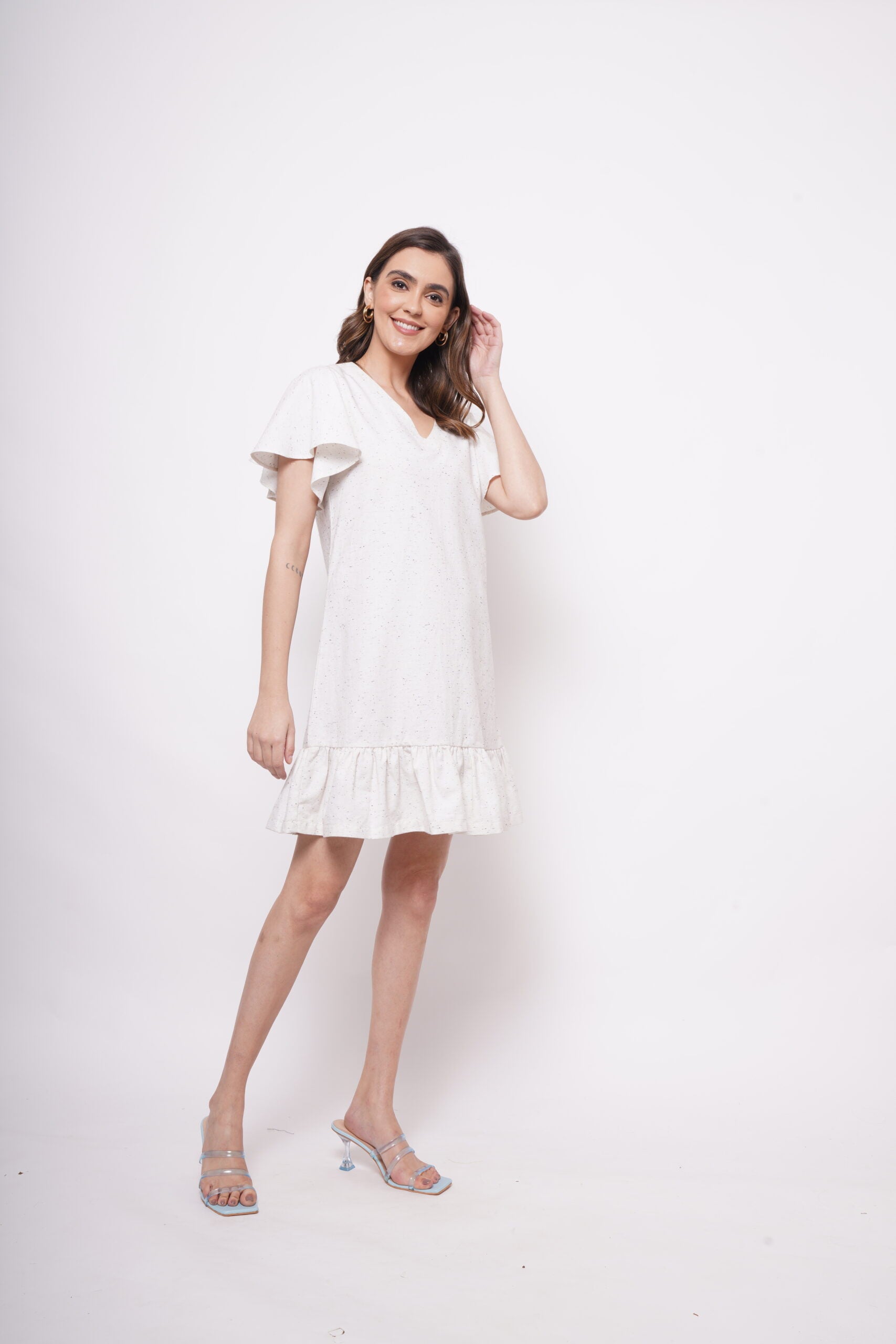 V-Neck White Cotton Dress With Flounce Sleeves - Western Era  Dresses