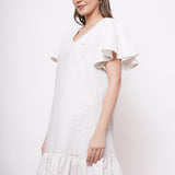 V-Neck White Cotton Dress With Flounce Sleeves - Western Era  Dresses