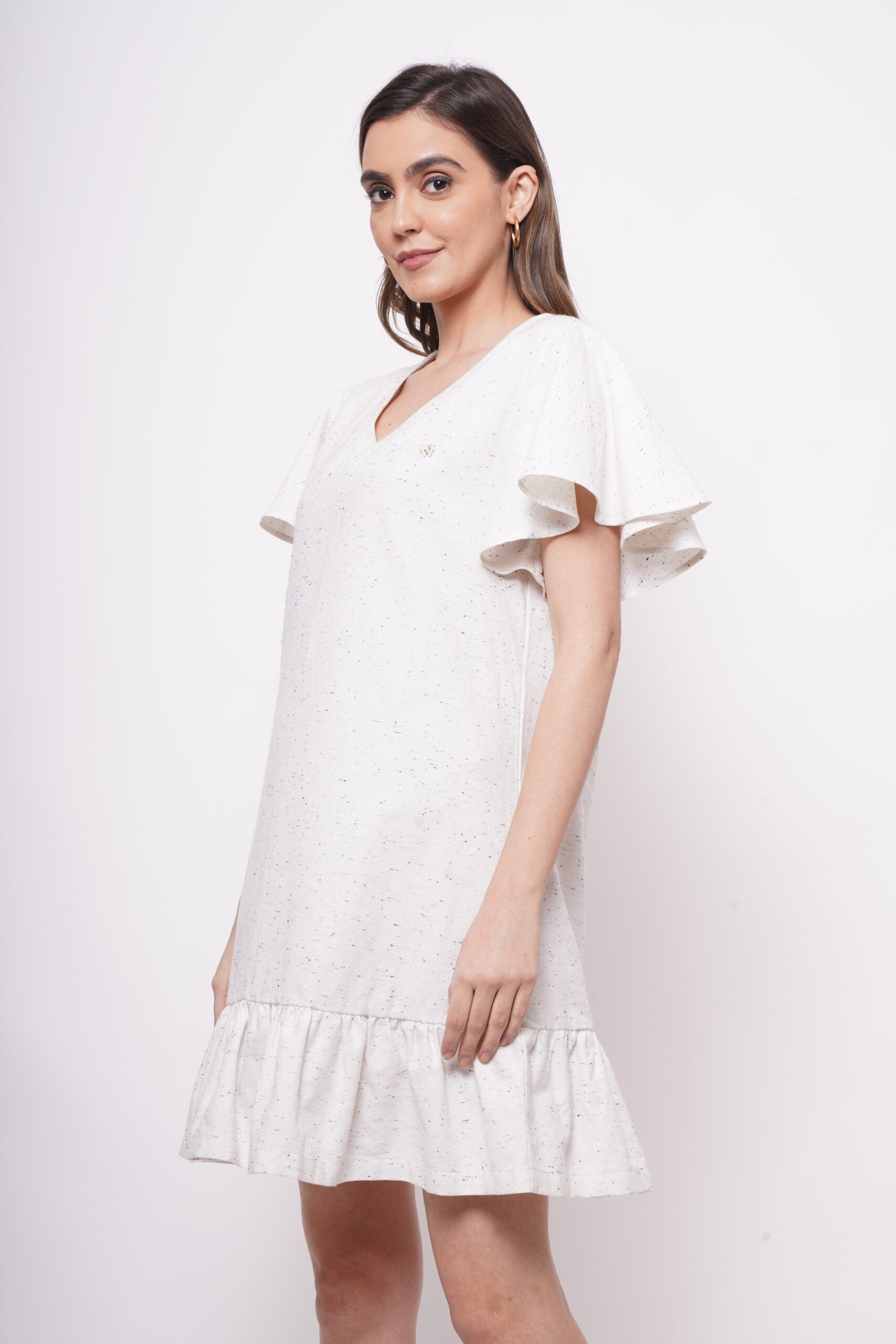 V-Neck White Cotton Dress With Flounce Sleeves - Western Era  Dresses