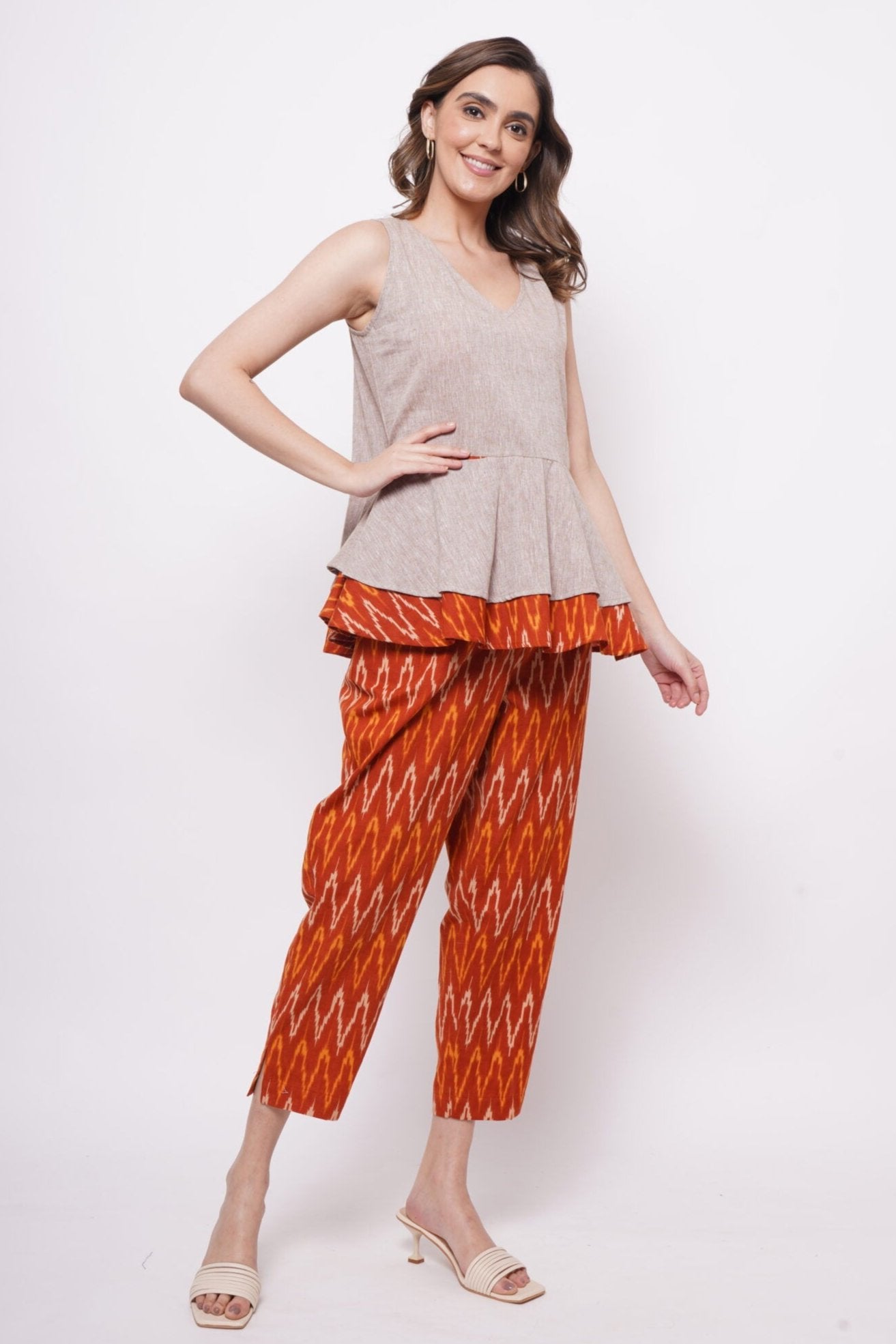 Beige Ikat Double Layer Top With Front Pockets - Western Era  Tops