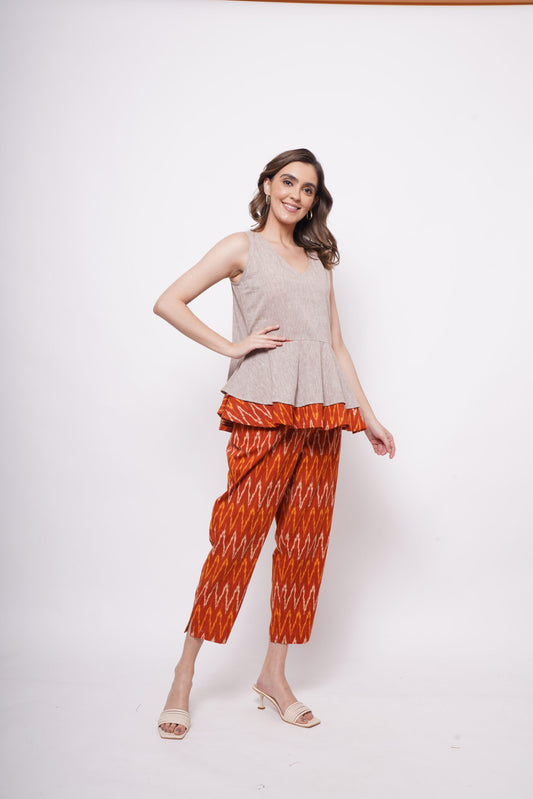 Beige Ikat Double Layer Top With Front Pockets - Western Era  Tops