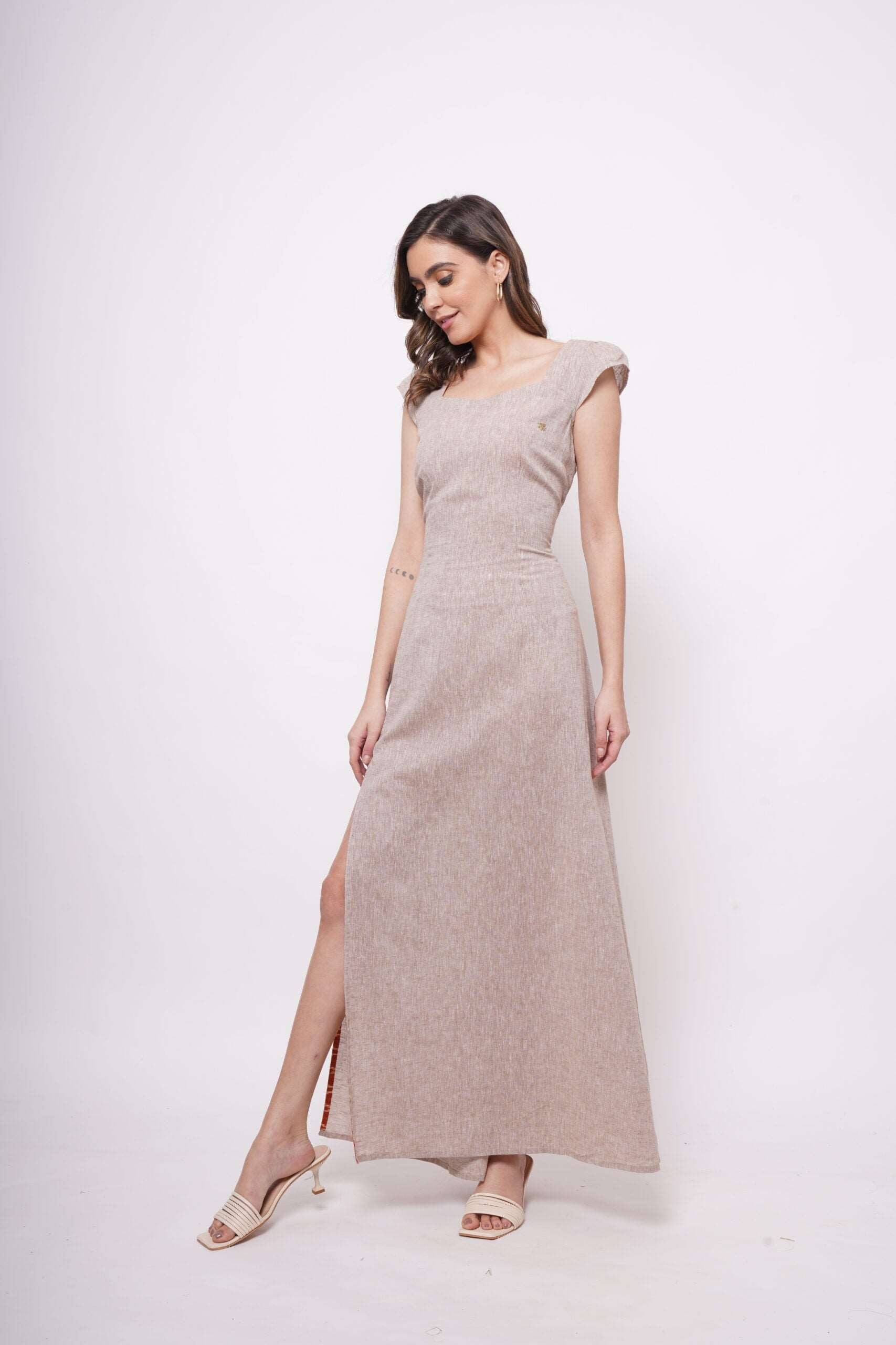 Event Wear Beige Long Dress With Side slit - Western Era  Dresses