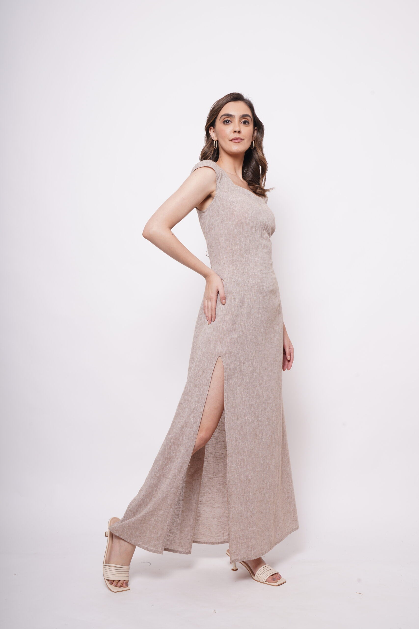 Event Wear Beige Long Dress With Side slit - Western Era  Dresses