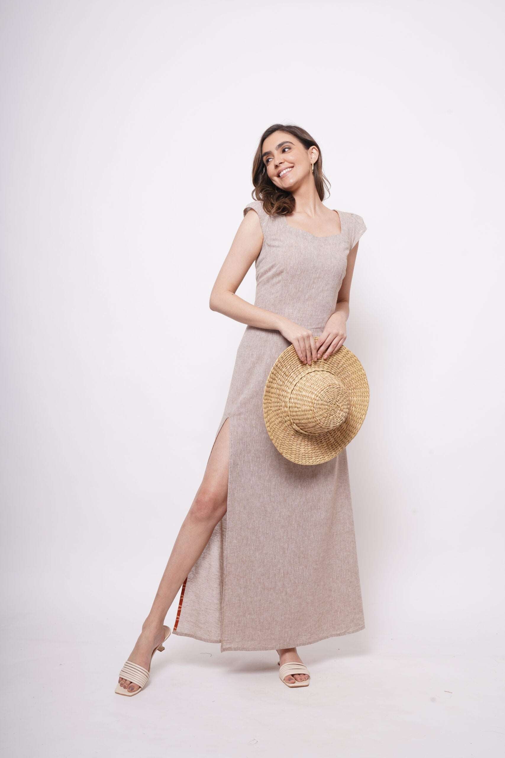 Event Wear Beige Long Dress With Side slit - Western Era  Dresses