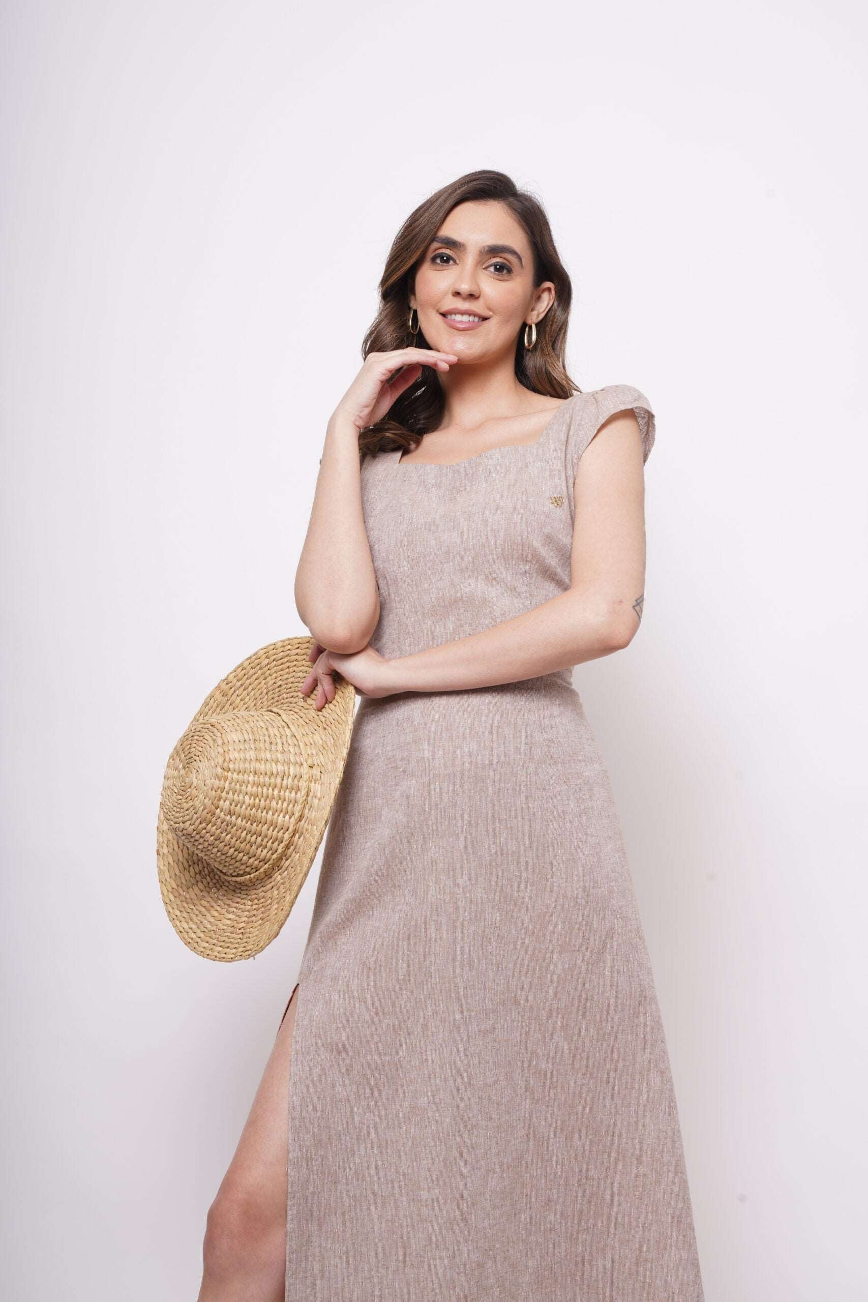 Event Wear Beige Long Dress With Side slit - Western Era  Dresses