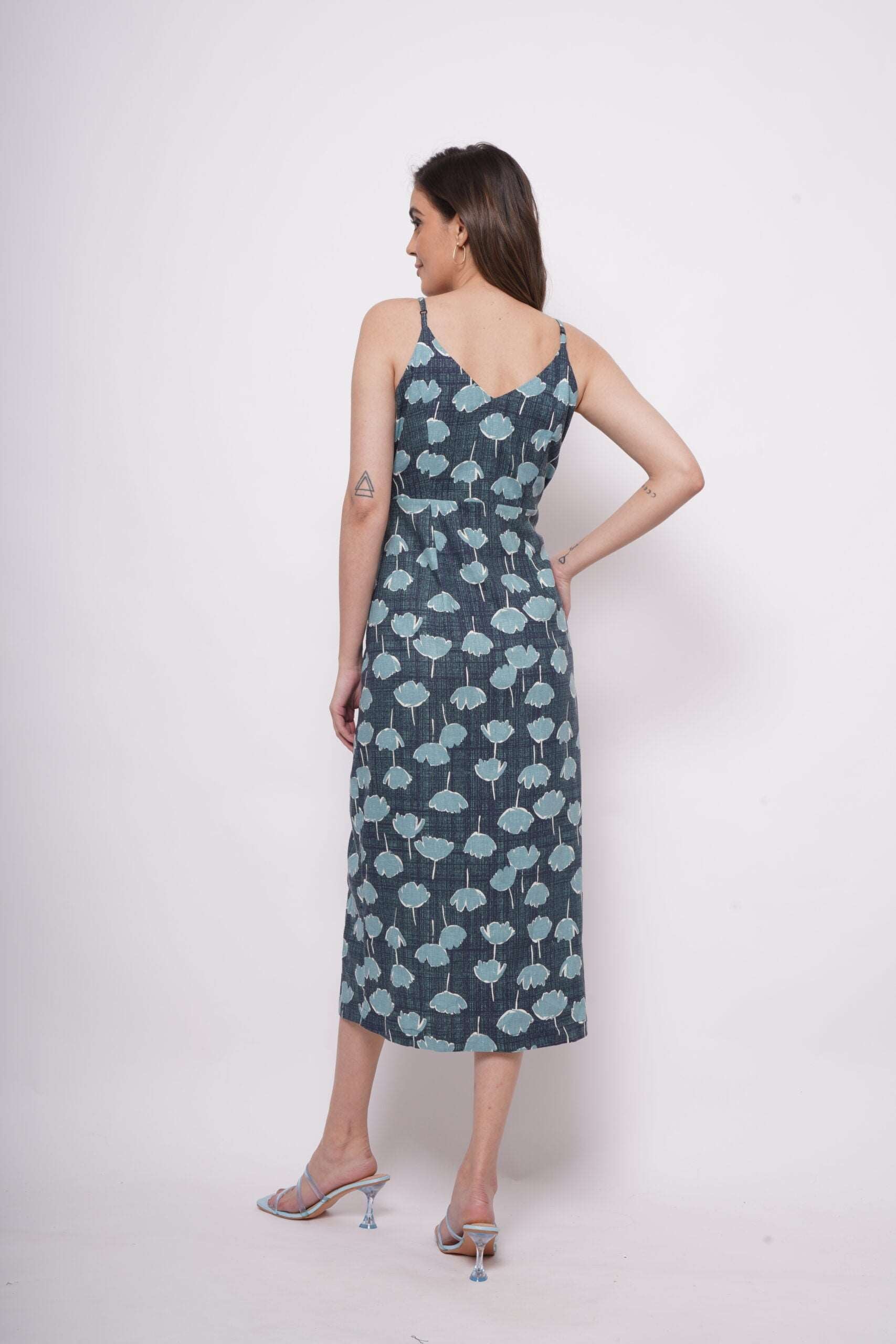 Sleeveless Teal Printed Linen Long Dress with Slit - Western Era  Dresses