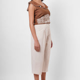 Waist Embroidered Brown Linen Top - Western Era  Tops