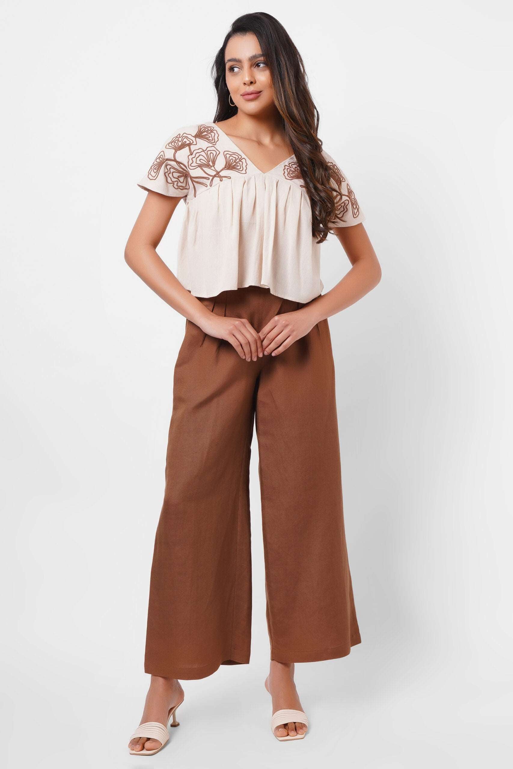 V-Neck Embroidered Beige Linen Top - Western Era  Tops