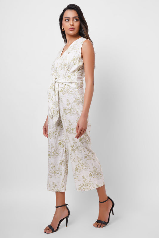 Printed White Jumpsuit with Waist Knot - Western Era  Jumpsuits