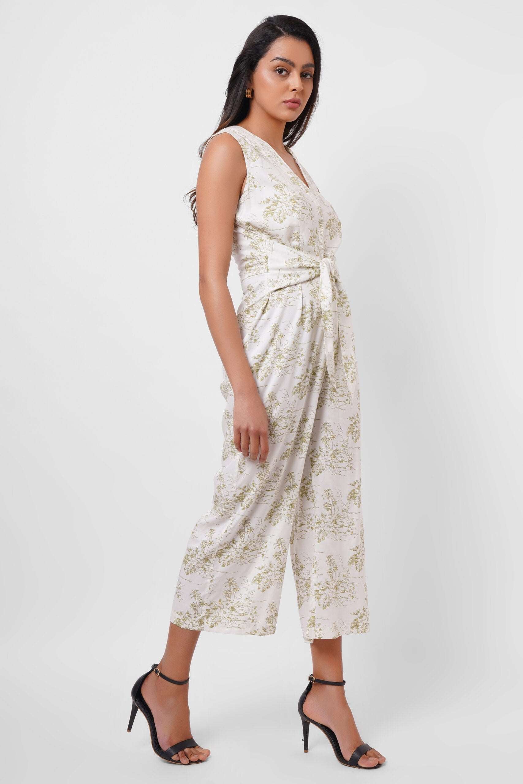 Printed White Jumpsuit with Waist Knot - Western Era  Jumpsuits