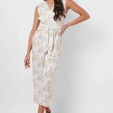 Printed White Jumpsuit with Waist Knot - Western Era  Jumpsuits