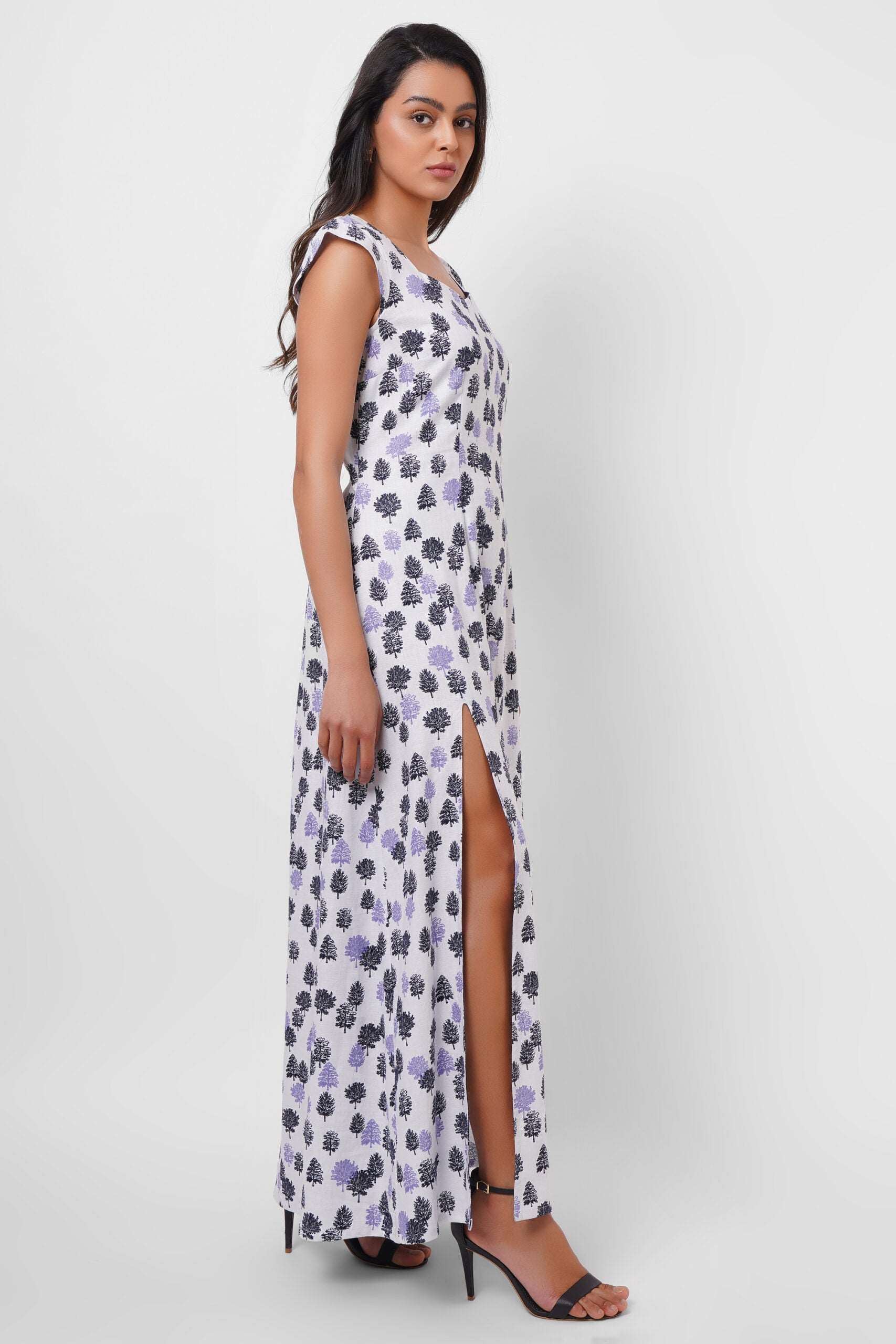 Party Wear Printed Linen Long Dress With Slit - Western Era  Dresses