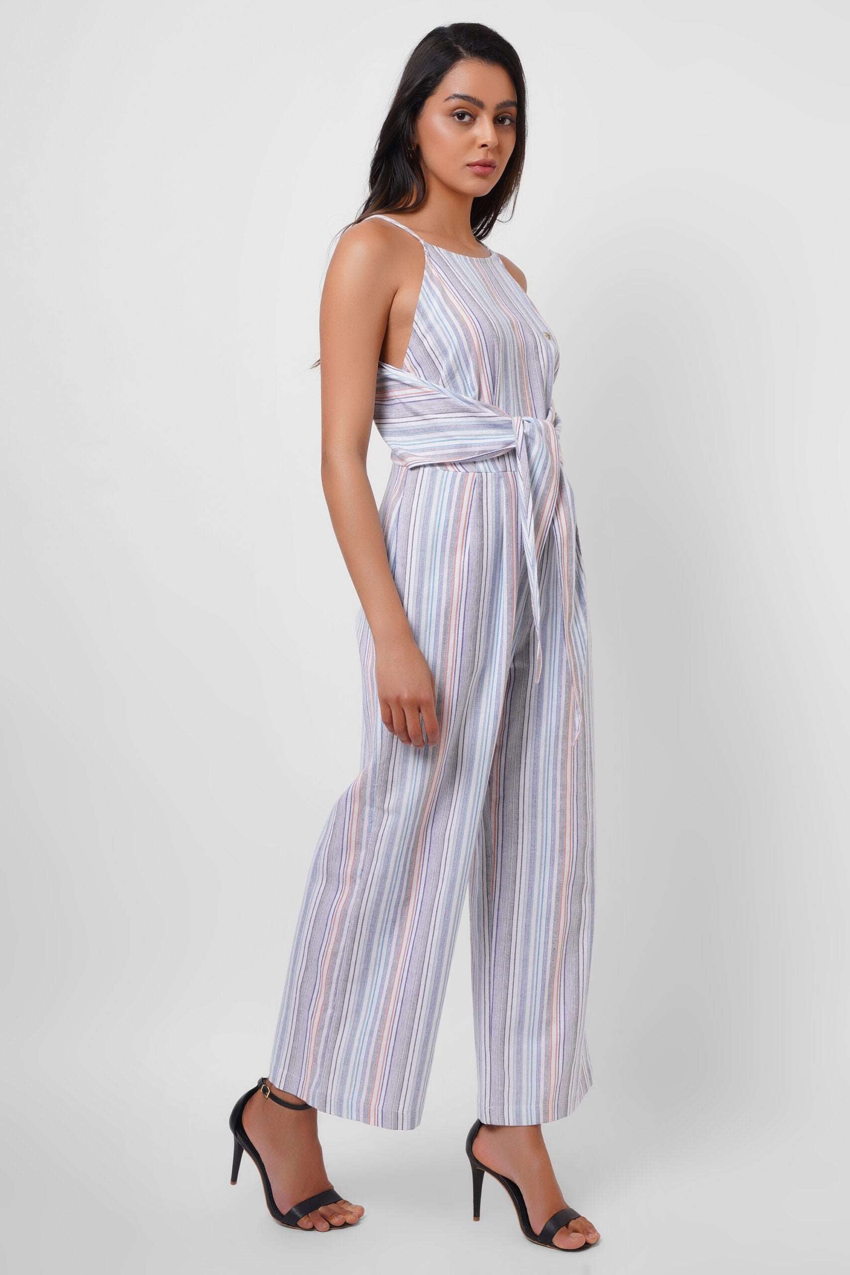 Blue Yarn Dyed Sleeveless Jumpsuit With Front Knot - Western Era  Jumpsuits