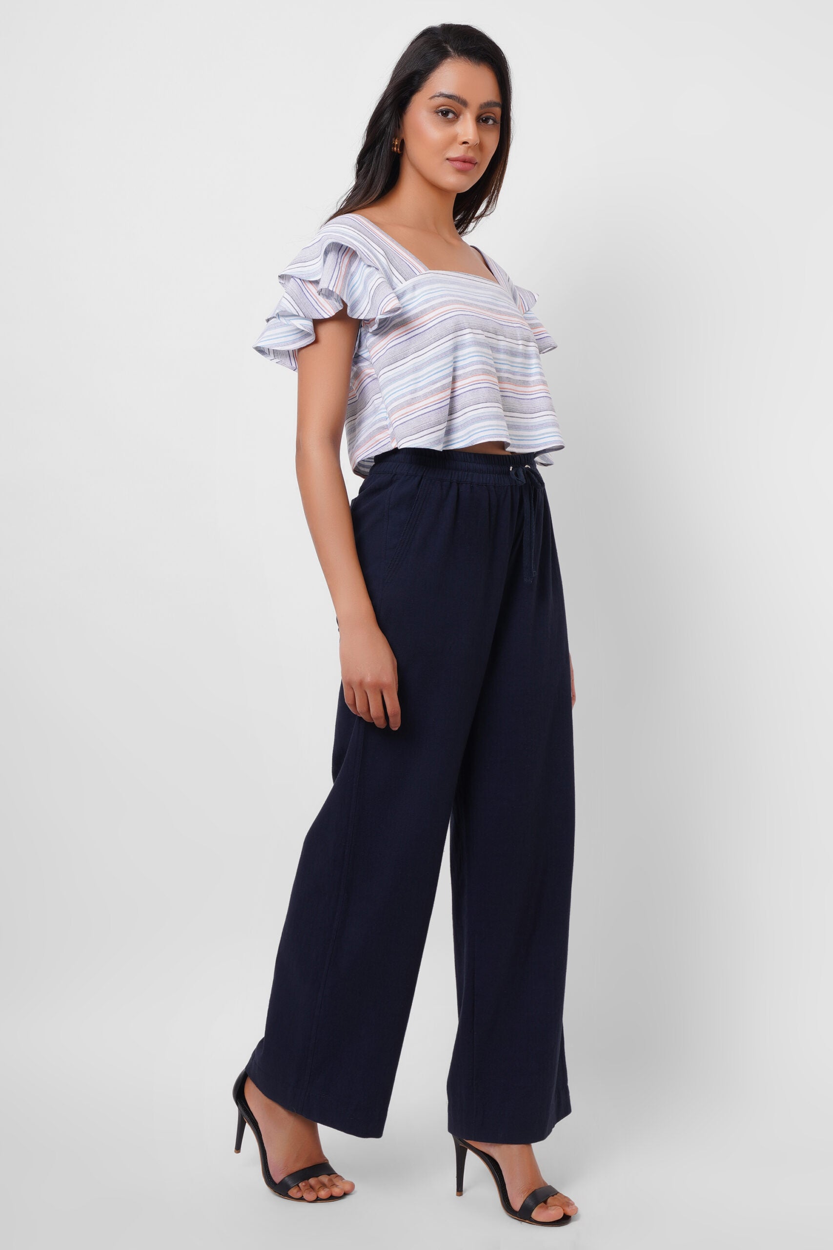 Square Neck Blue Yarn Dyed Crop Top - Western Era  Tops