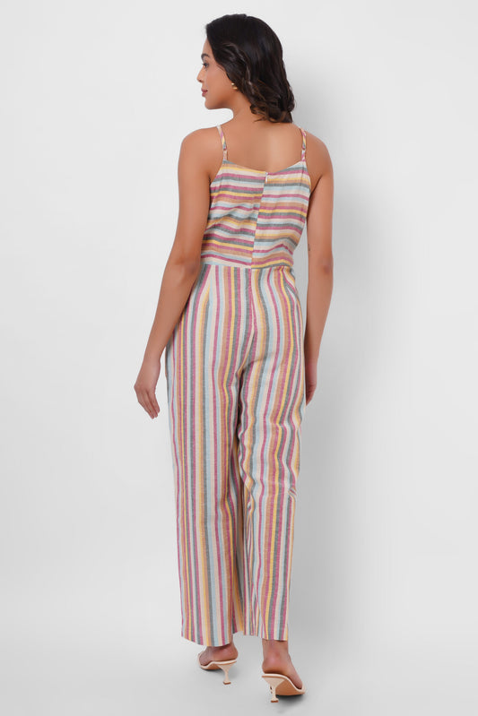 Multicolor Sleeveless Linen Jumpsuit with Front Knot - Western Era  Jumpsuits