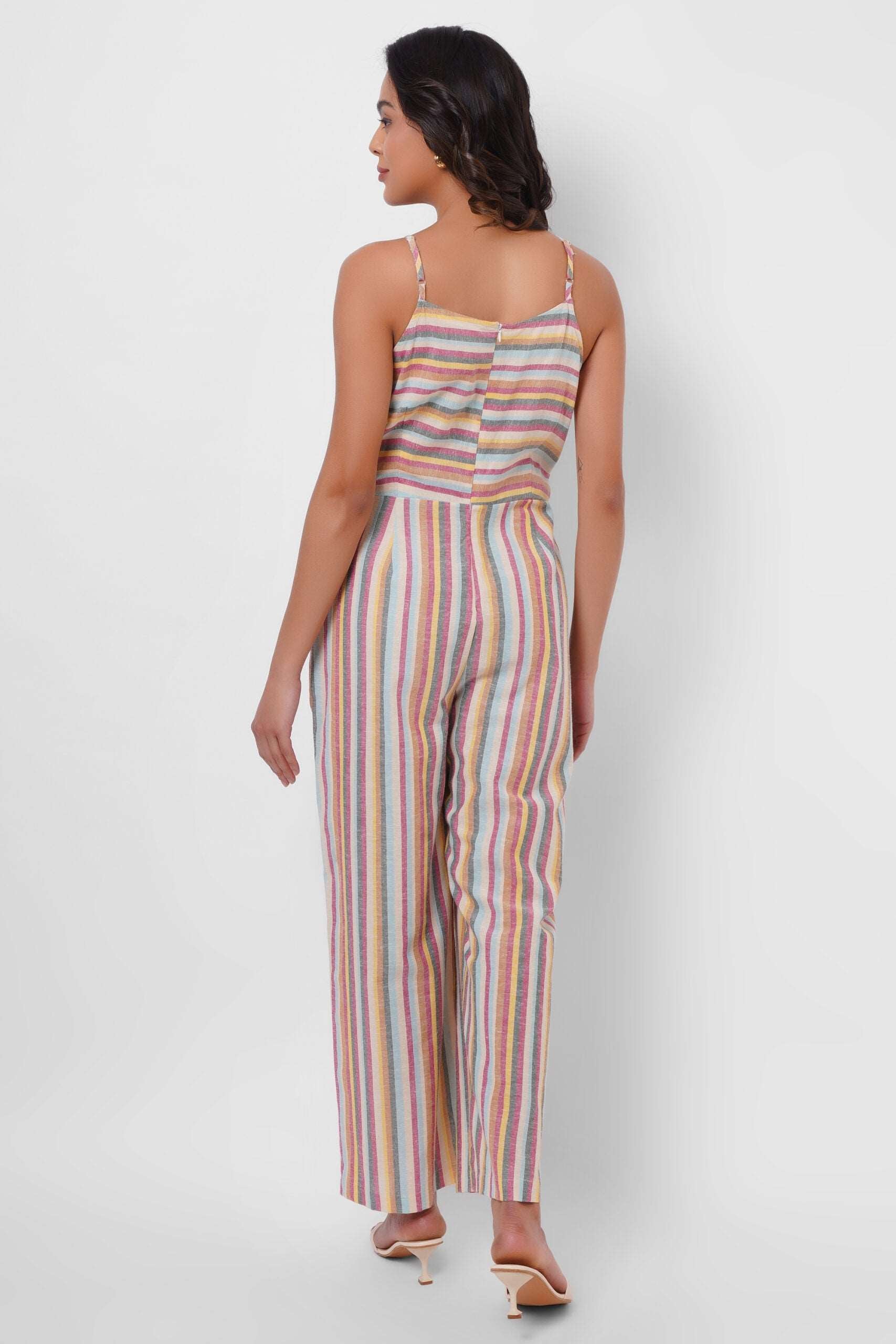 Multicolor Sleeveless Linen Jumpsuit with Front Knot - Western Era  Jumpsuits