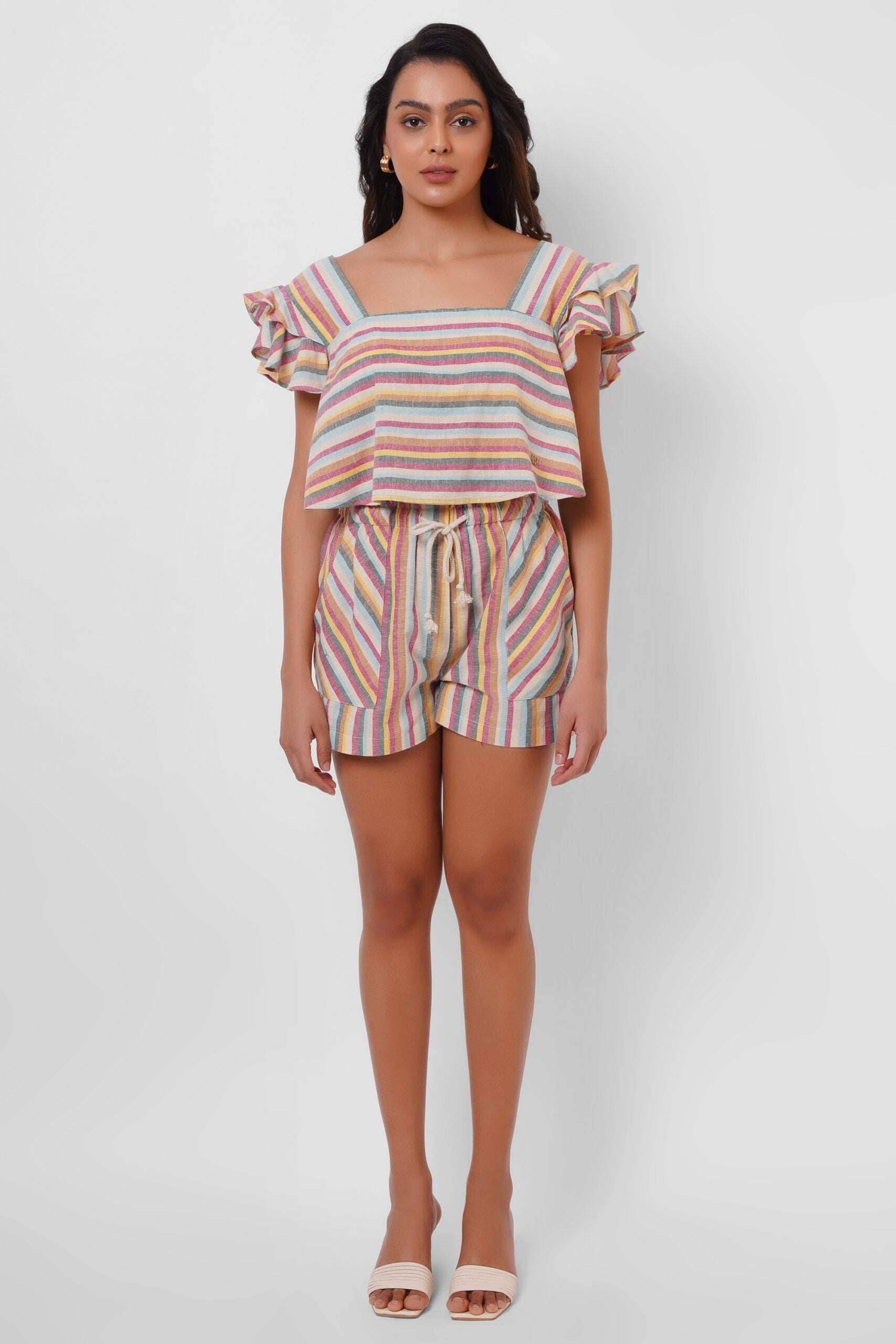 Multi Color Stripe Linen Crop Top - Western Era  Tops