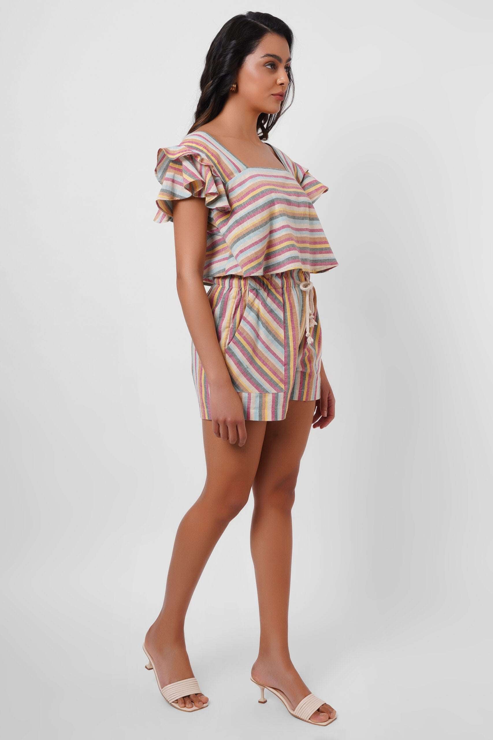 Multi Color Stripe Linen Crop Top - Western Era  Tops