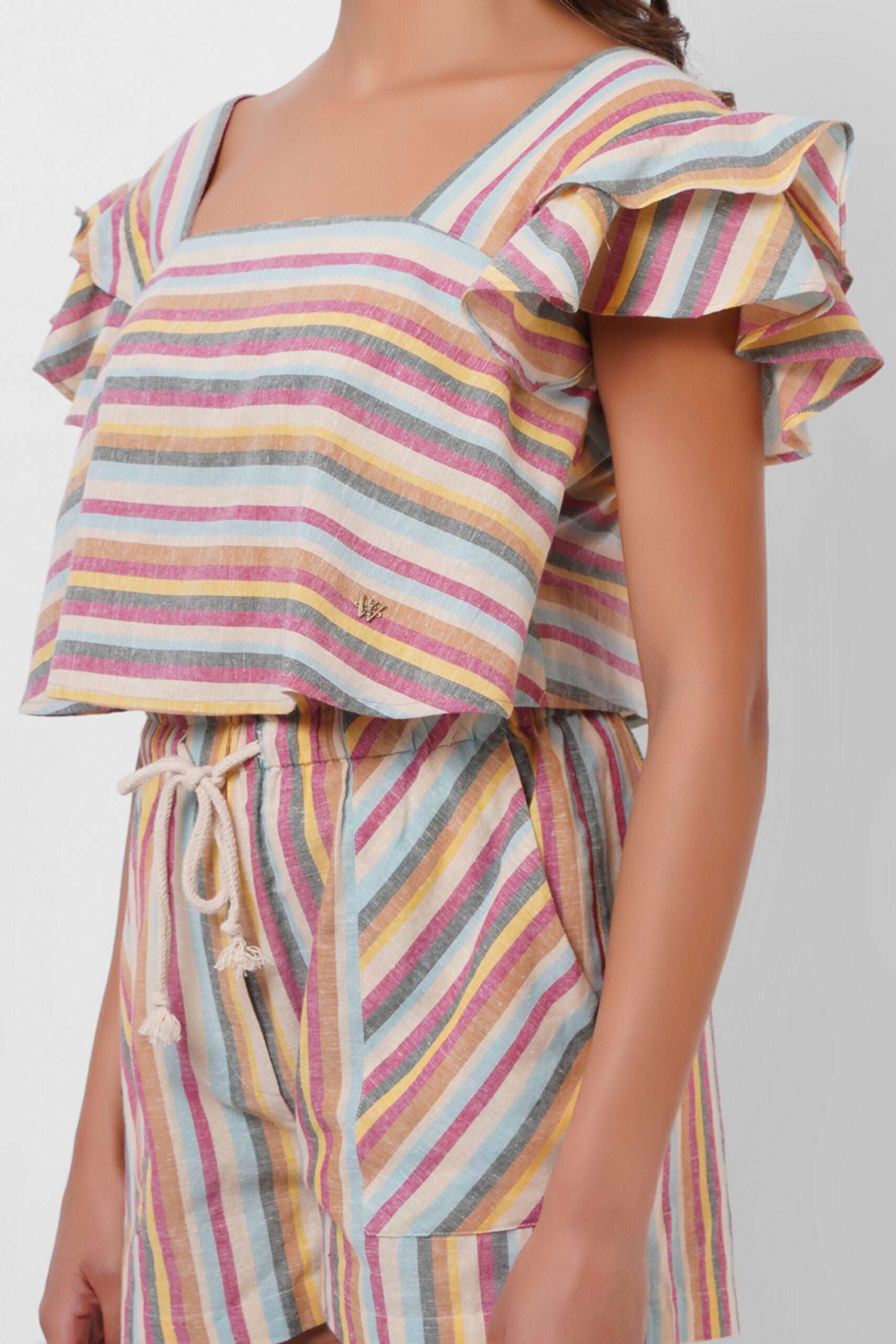 Multi Color Stripe Linen Crop Top - Western Era  Tops