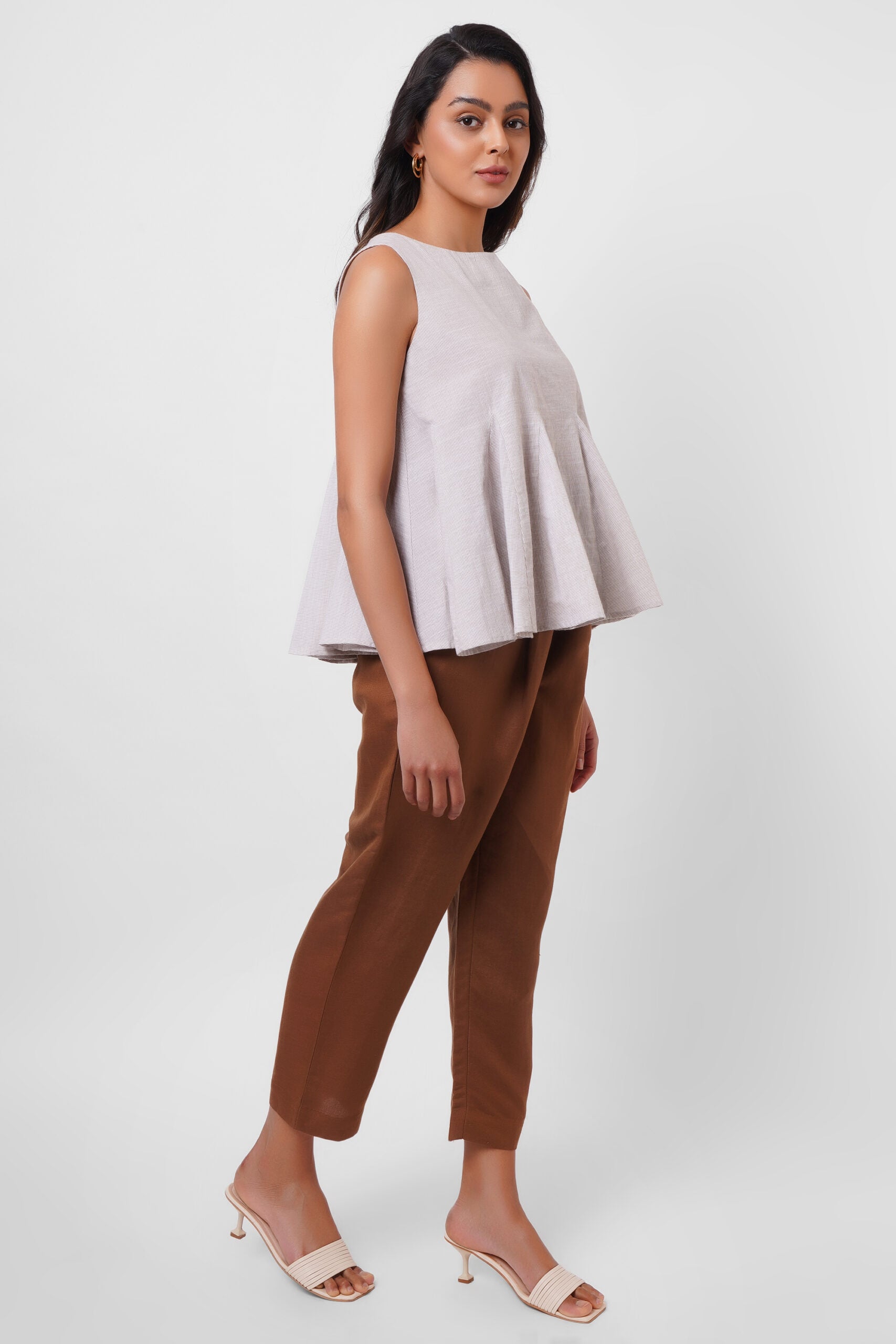 Beige Stripes Oversized Top With Drawstrings - Western Era  Tops