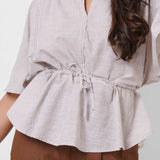 Beige Stripes Oversized Top With Drawstrings - Western Era  Tops