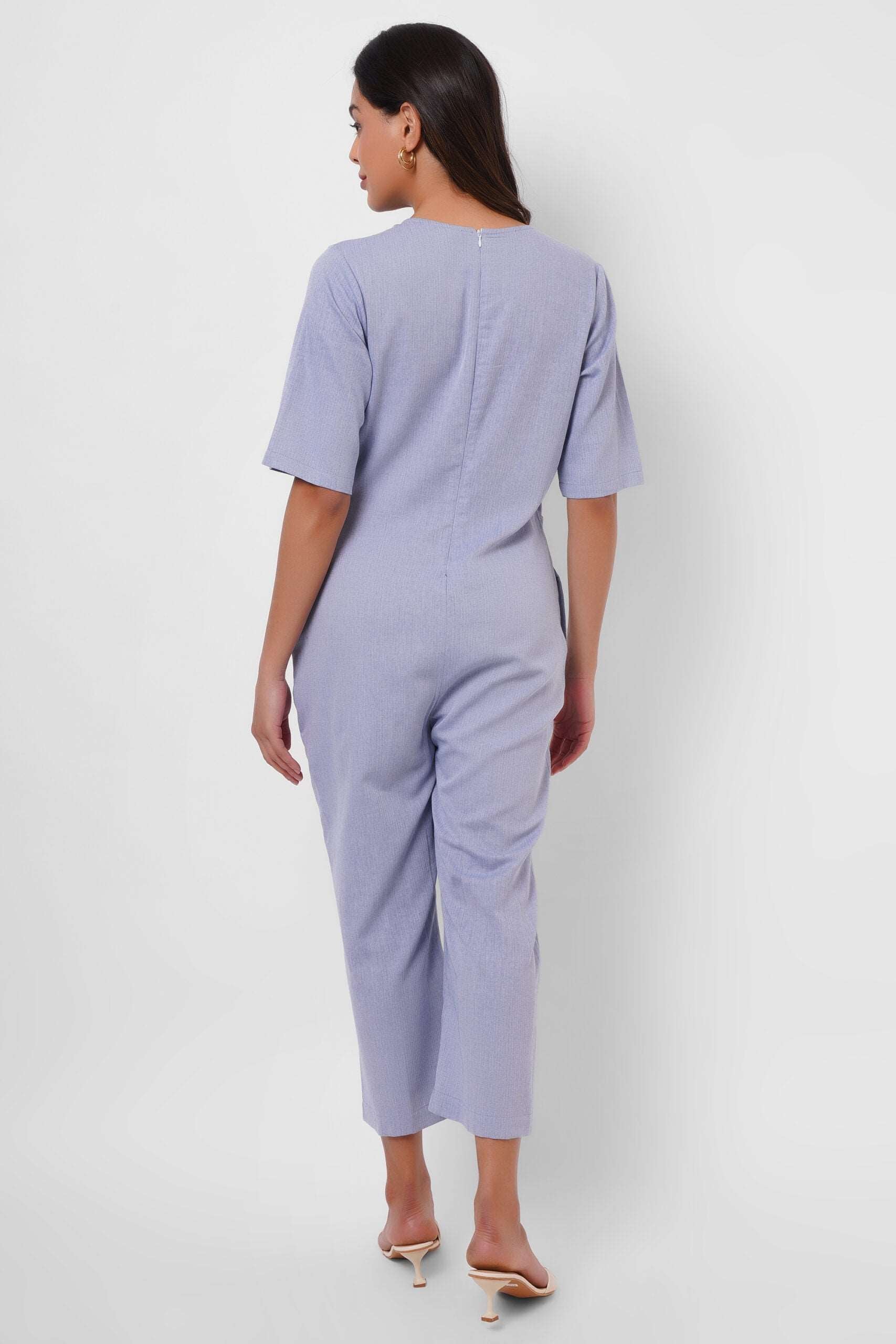 Front Twist Knot Blue Cotton Jumpsuit - Western Era  Jumpsuits