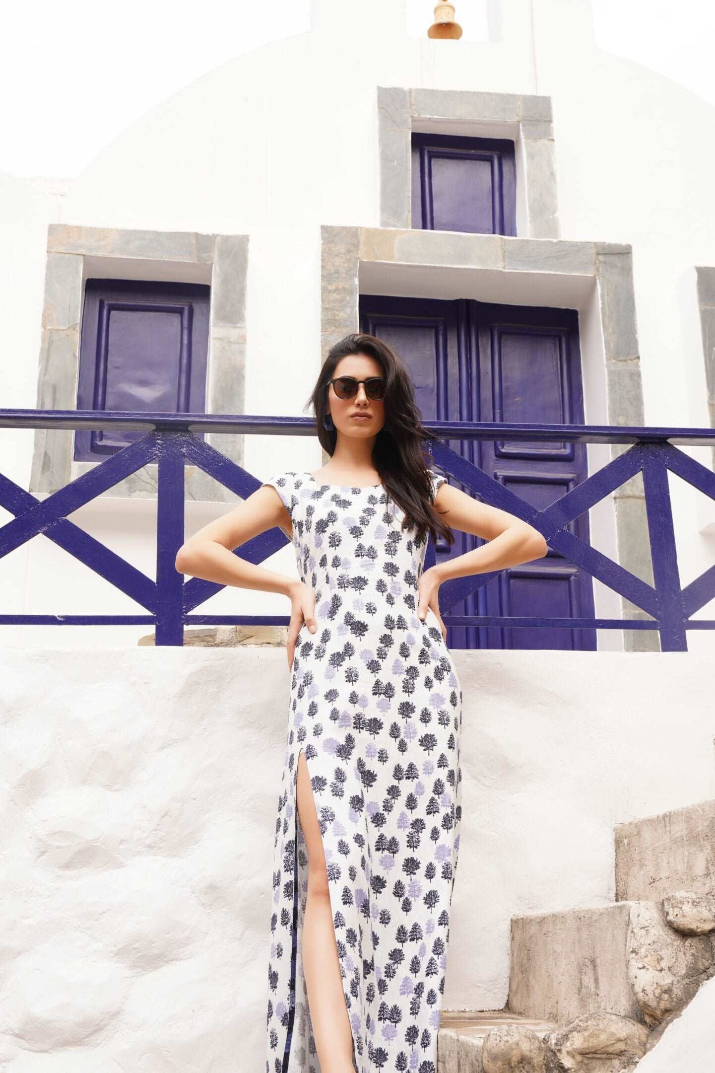 Party Wear Printed Linen Long Dress With Slit - Western Era  Dresses