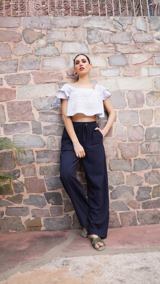 Square Neck Blue Yarn Dyed Crop Top - Western Era  Tops