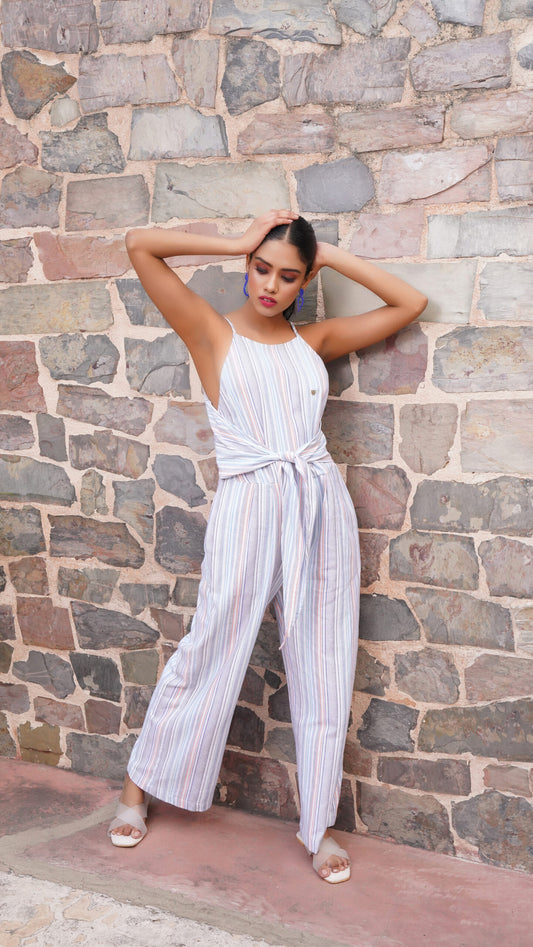 Blue Yarn Dyed Sleeveless Jumpsuit With Front Knot - Western Era  Jumpsuits