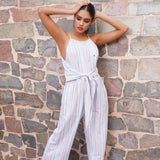 Blue Yarn Dyed Sleeveless Jumpsuit With Front Knot - Western Era  Jumpsuits