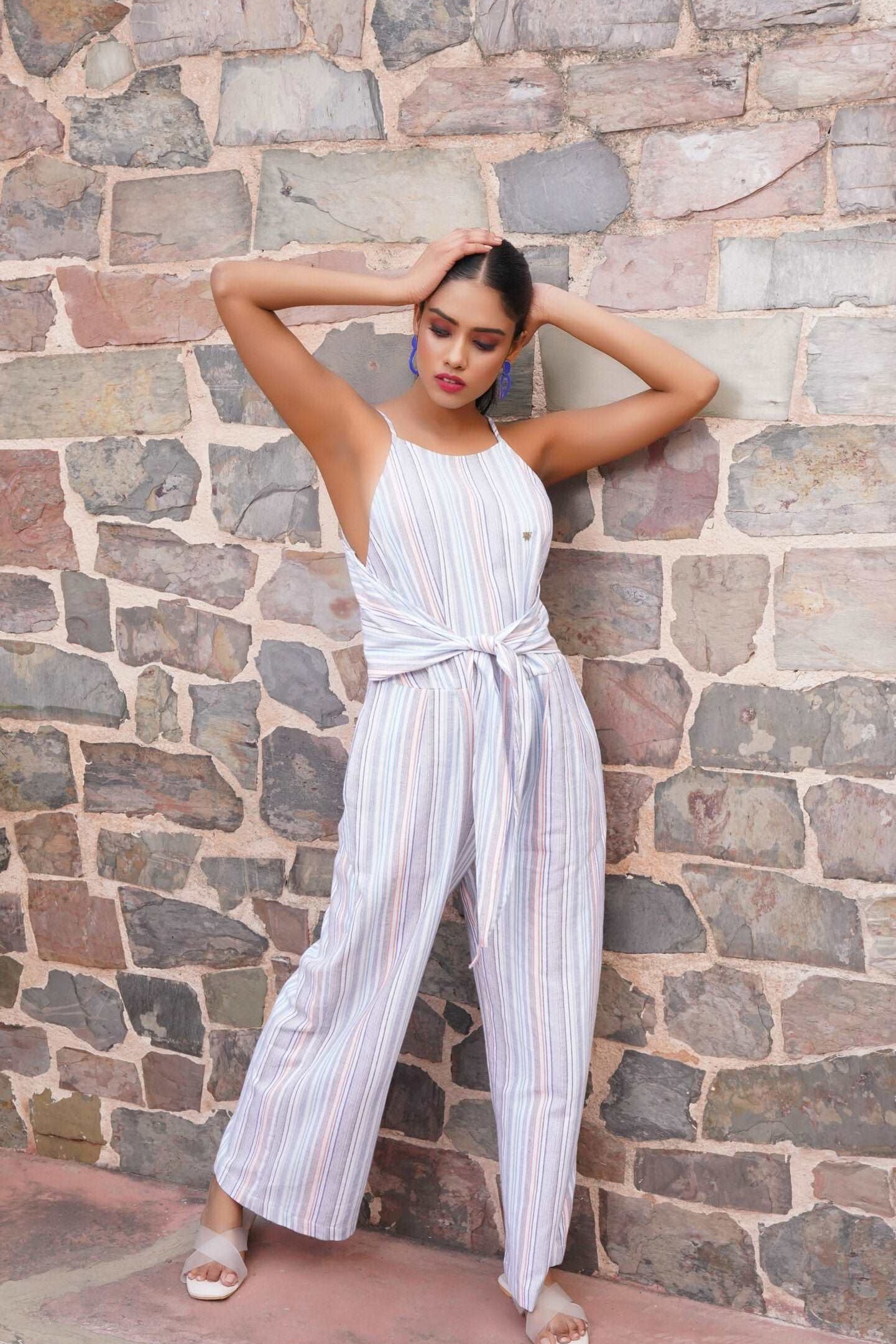 Blue Yarn Dyed Sleeveless Jumpsuit With Front Knot - Western Era  Jumpsuits