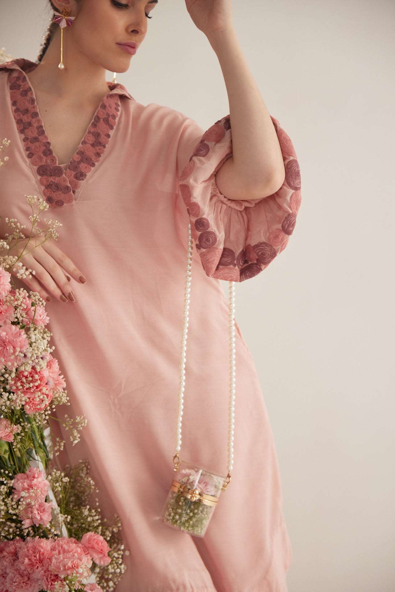 Peach Embroidered Balloon Sleeves and V-Neck Collar Long Dress With Spaghetti - Western Era  Dresses