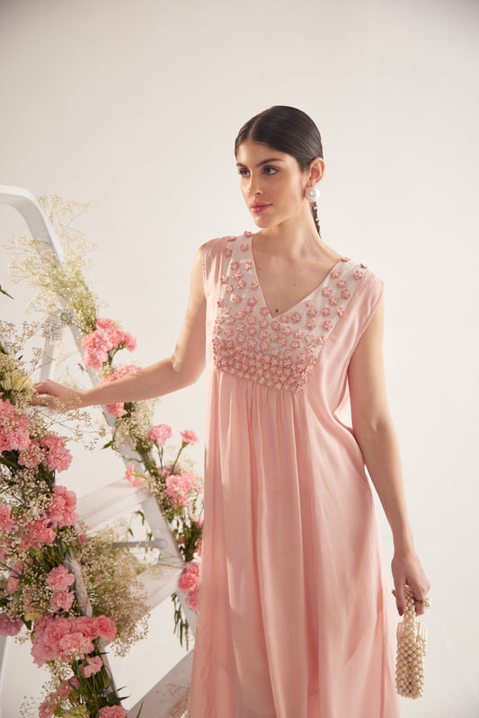 Peach Falling Flower Embroidery Long Dress With Spaghetti - Western Era  Dresses