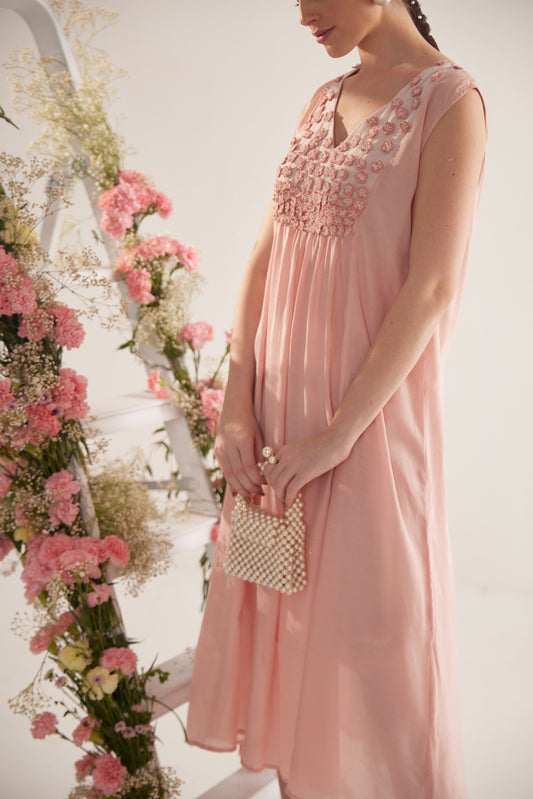 Peach Falling Flower Embroidery Long Dress With Spaghetti - Western Era  Dresses