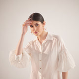 White Balloon Sleeves Face Embroidery Shirt With Rose Stich Button - Western Era  Tops