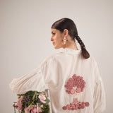 White Balloon Sleeves Face Embroidery Shirt With Rose Stich Button - Western Era  Tops