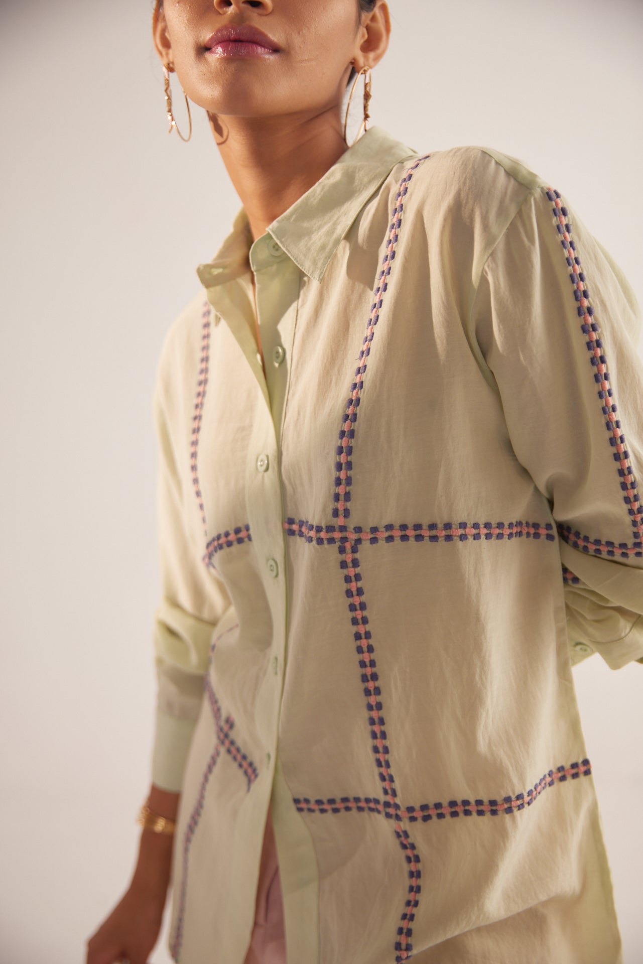 Green Line Embroidered Oversized Shirt - Western Era  Tops