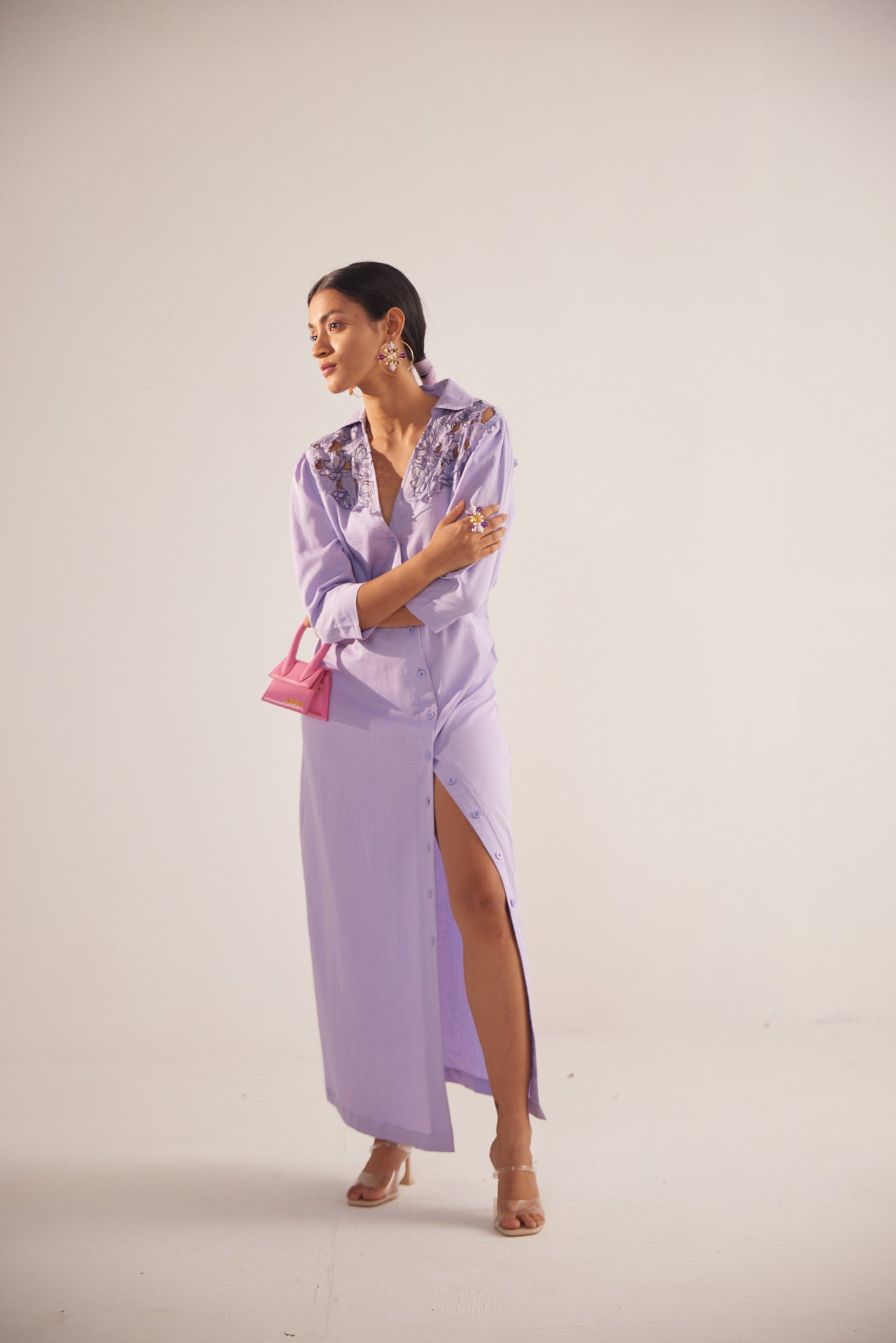 Purple Event Wear Long Dress With Yolk Embroidery and Side Slit - Western Era  Dresses