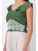 Waist Embroidered green Linen Top