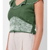 Waist Embroidered green Linen Top
