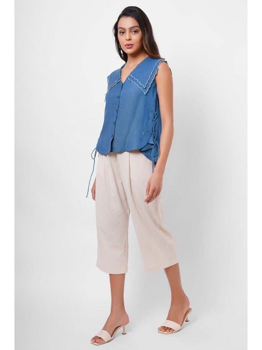 Scalloped Edge Collars Blue Linen Top with Drawstrings