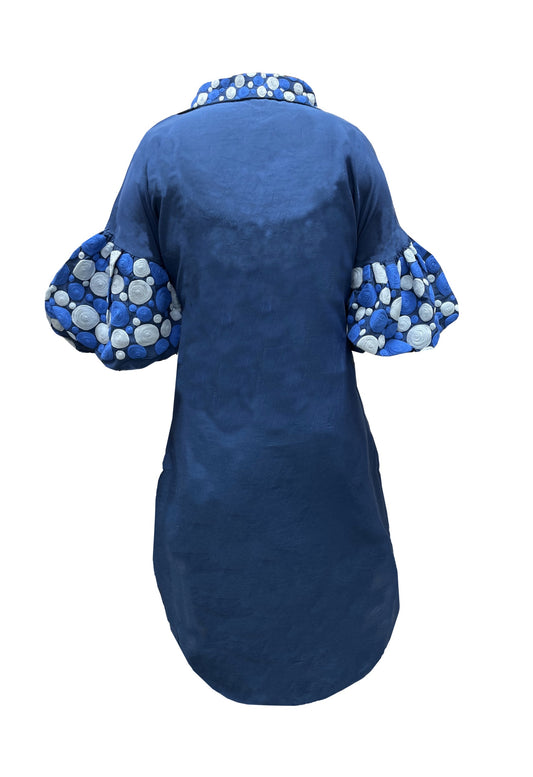 Blue Embroidered Balloon Sleeves And V-Neck Collar Long Dress With Spaghetti